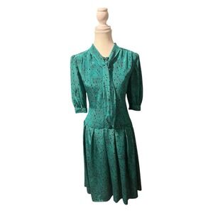 Handmade Vintage Turquoise Midi‎ Dress M Collared Formal Unique